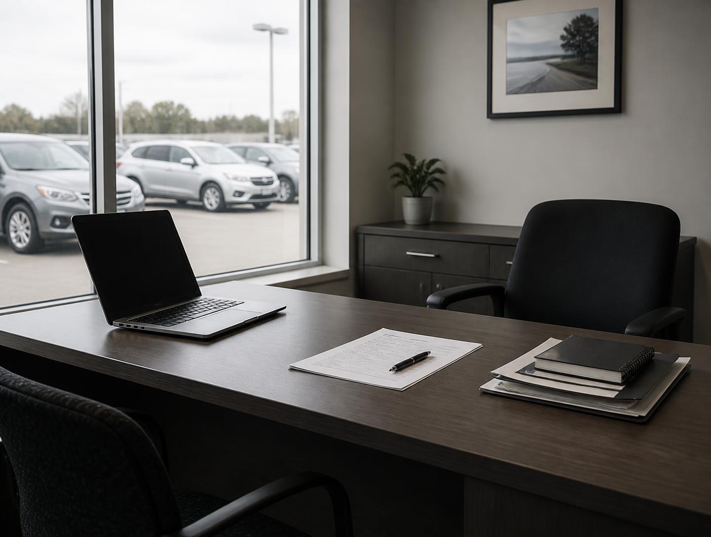 Desk inside a small dealership office overlooking the lot